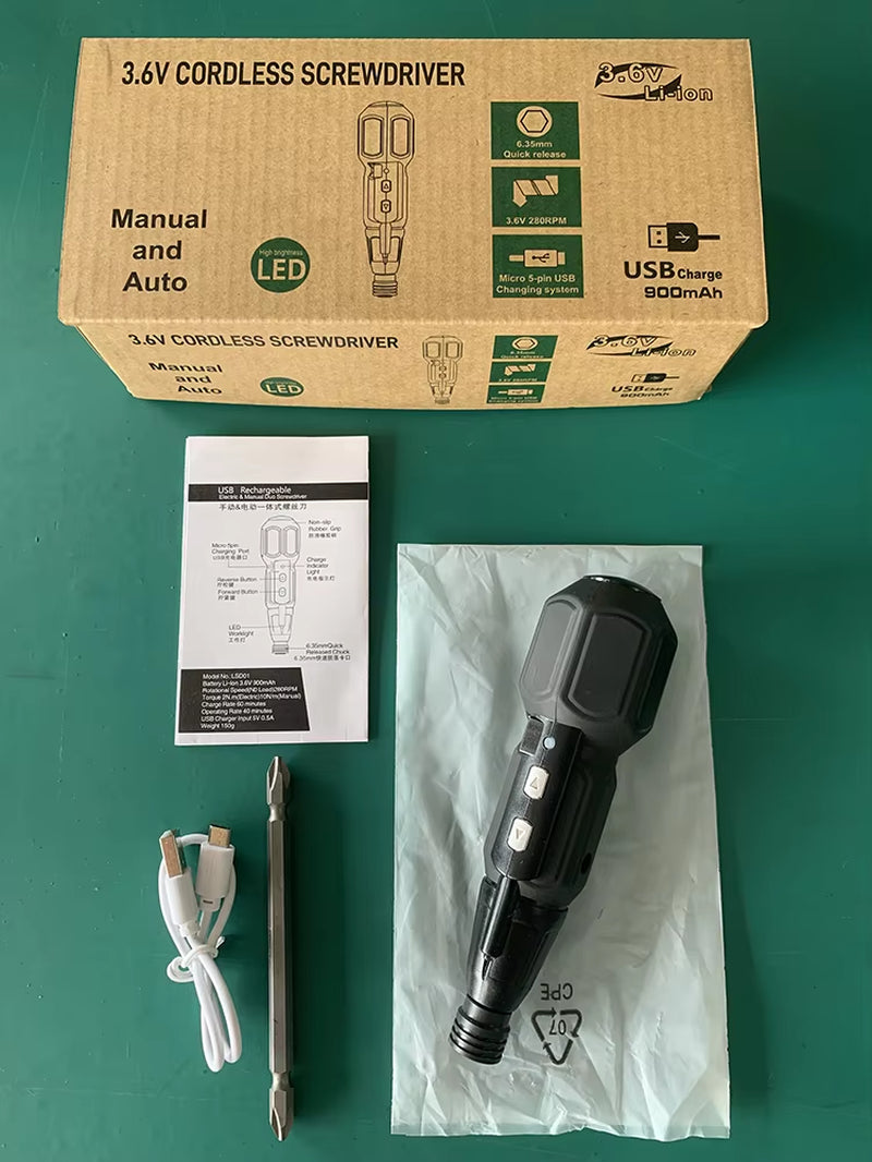 🌀 Maizhe 3.6V Cordless Electric & Manual Screwdriver – Rechargeable Mini Power Tool with LED Light, USB Charging, for DIY & Home Repairs