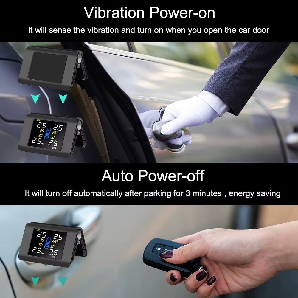 Solar Power TPMS Car Tire Pressure Monitoring System with 4 External or Built-In Sensors LED Display