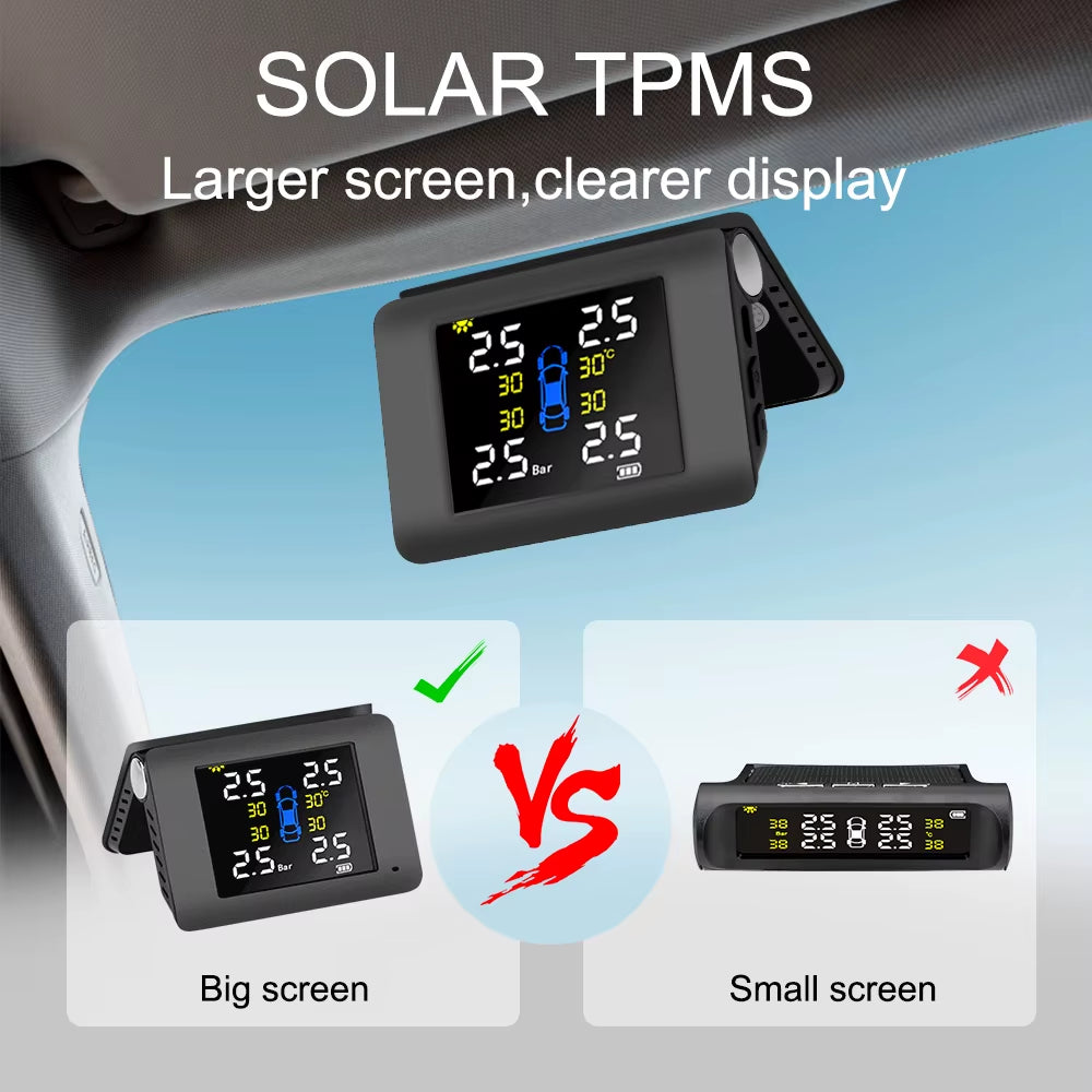 Solar Power TPMS Car Tire Pressure Monitoring System with 4 External or Built-In Sensors LED Display