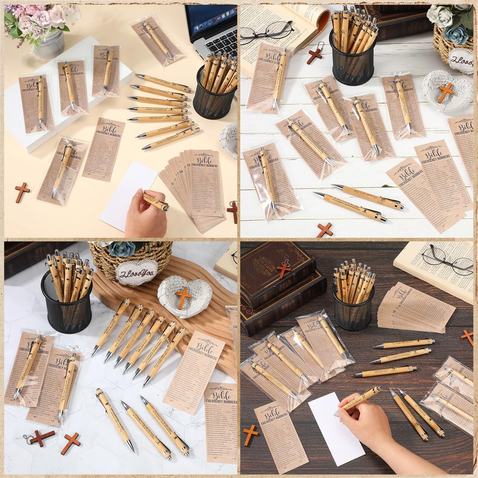 25 Sets Christian Religious Bookmarks Bible Verse Bamboo Pens 2'' X 6'' Emerg...