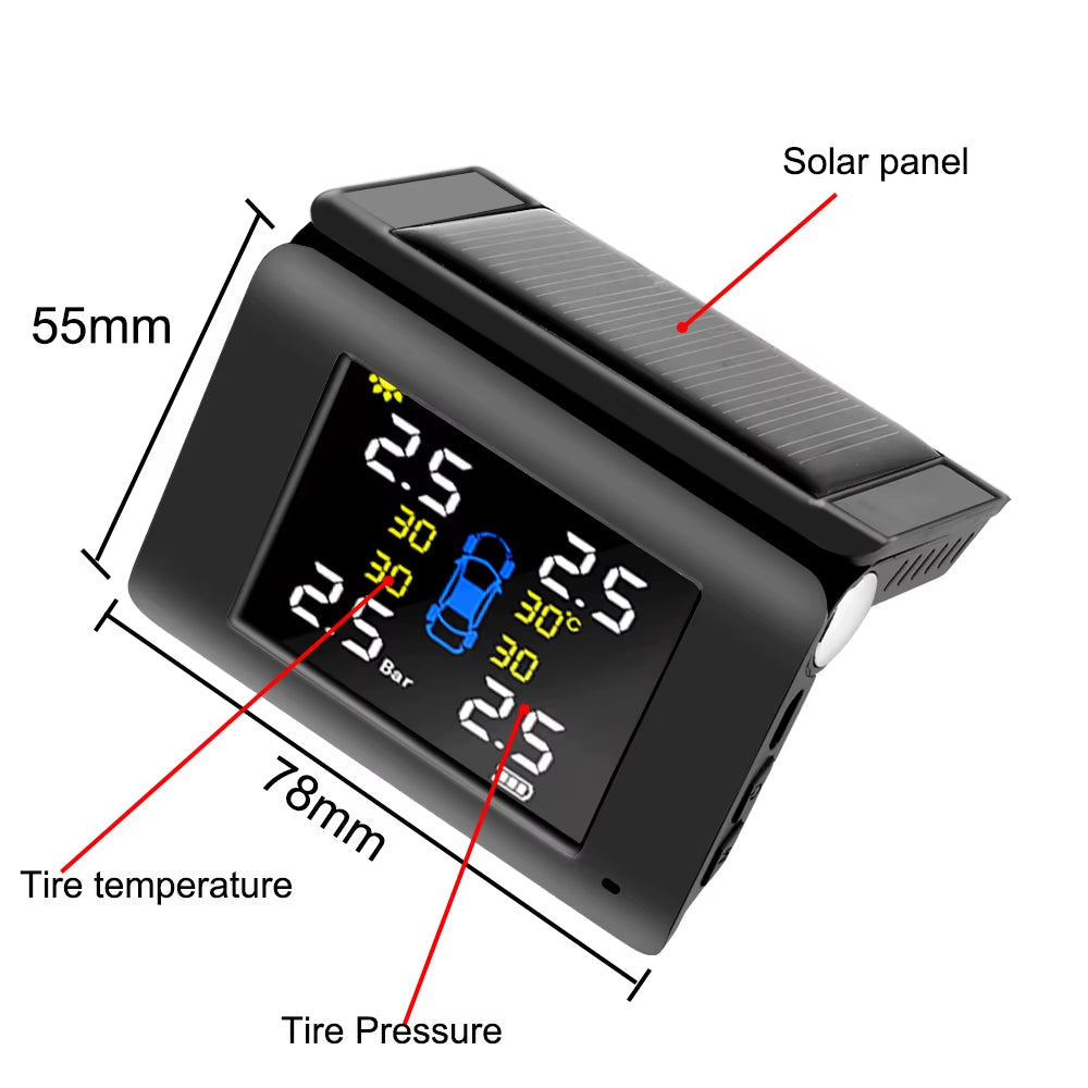 Solar Power TPMS Car Tire Pressure Monitoring System with 4 External or Built-In Sensors LED Display