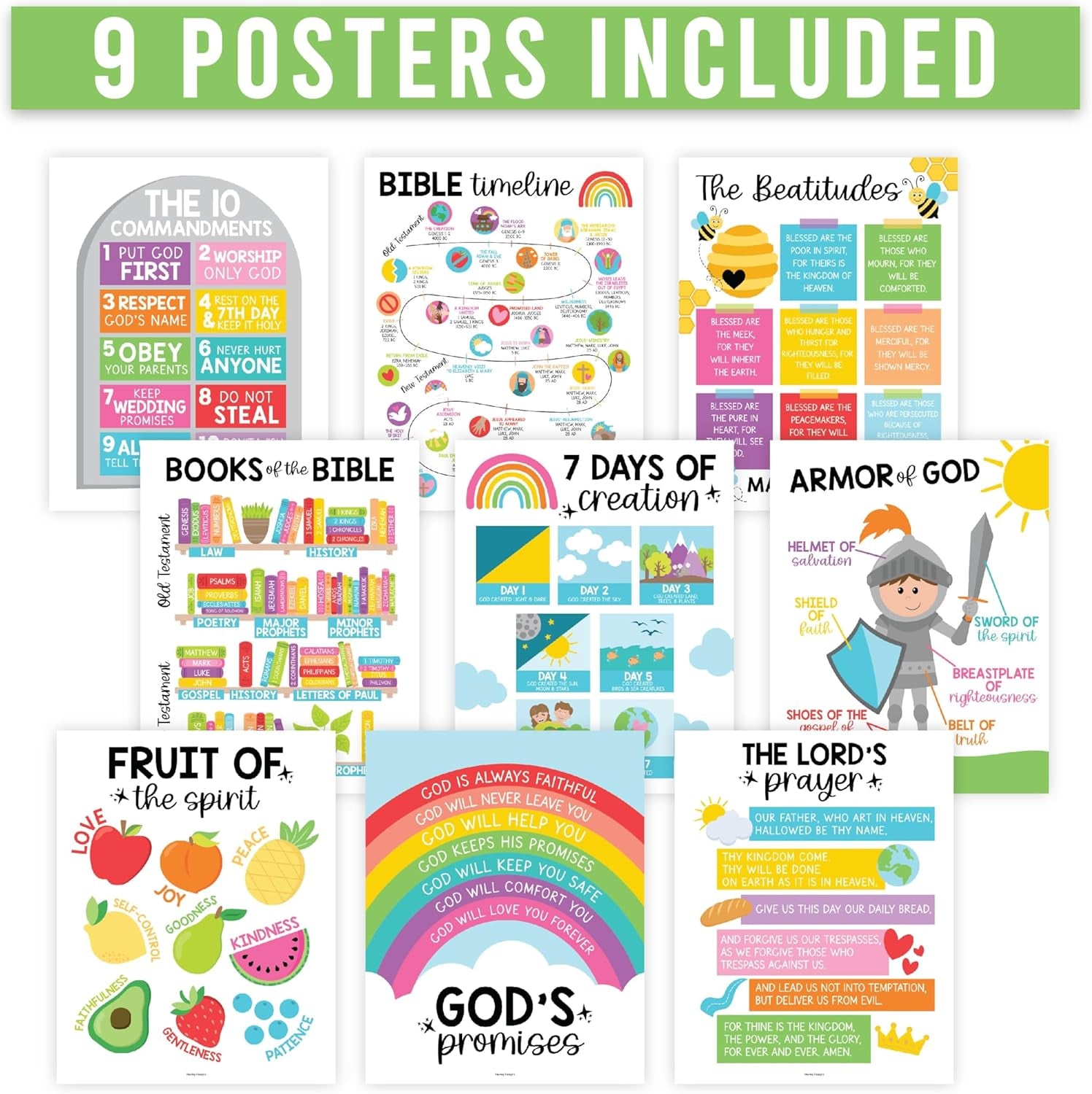 Sunday School Decorations for Classroom – 9 Bible Posters for Kids, 11X14In Book