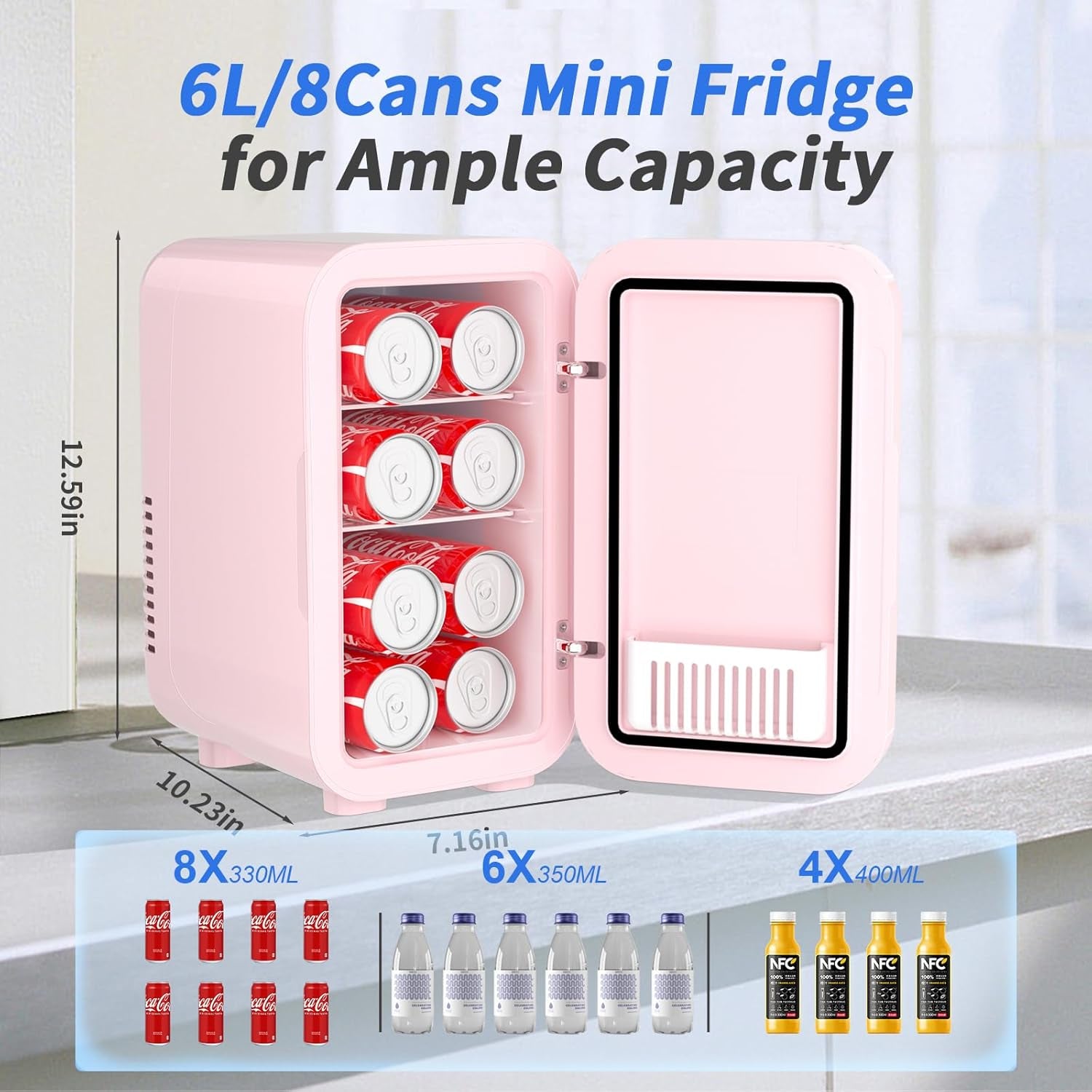Mini Fridge, 6 Liter/8 Can 110V AC/DC Portable Thermoelectric Cooler Refrigerators for Bedroom, Skincare, Beverage, Office, Dorm Room and Car, Pink