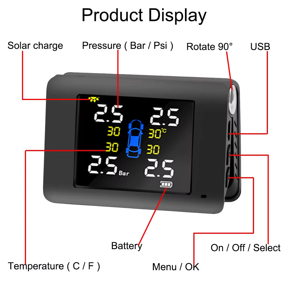 Solar Power TPMS Car Tire Pressure Monitoring System with 4 External or Built-In Sensors LED Display