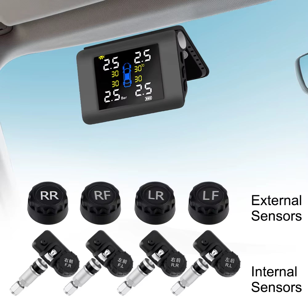 Solar Power TPMS Car Tire Pressure Monitoring System with 4 External or Built-In Sensors LED Display