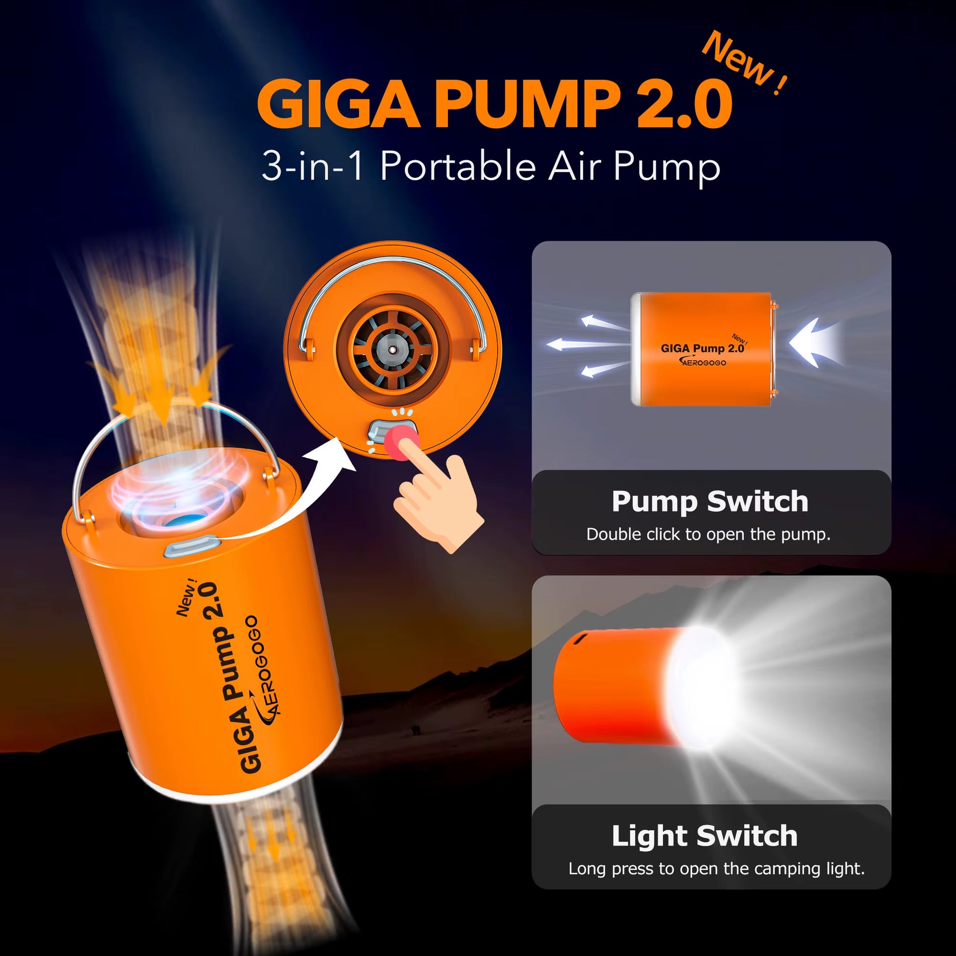 New GIGA Pump 2.0 3 in 1 Outdoor Camping Lantern Vacuum Pump for Mattress Swimming Ring Air Pillow