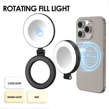 ⭐Magnetic Foldable Selfie Ring Light with Mirror – Portable LED Phone Light for MagSafe, 3-Color Modes, Touch Control & Long Battery Life