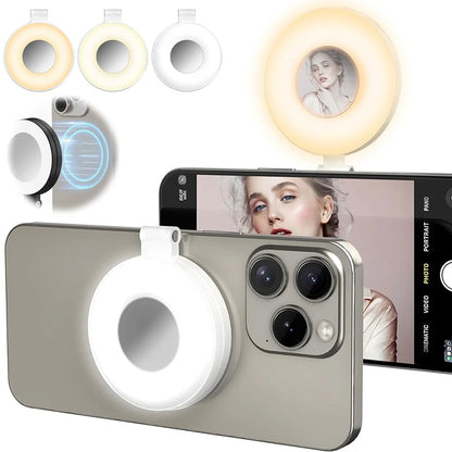 ⭐Magnetic Foldable Selfie Ring Light with Mirror – Portable LED Phone Light for MagSafe, 3-Color Modes, Touch Control & Long Battery Life