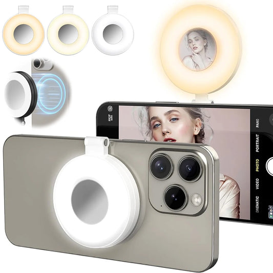 ⭐Magnetic Foldable Selfie Ring Light with Mirror – Portable LED Phone Light for MagSafe, 3-Color Modes, Touch Control & Long Battery Life